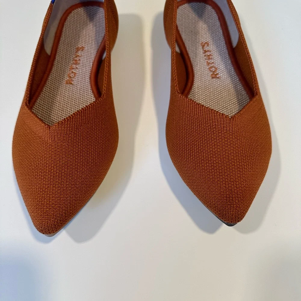 Rothy's Rust Brown Pointed Knit Flats with Blue Trim - Picture 7 of 7